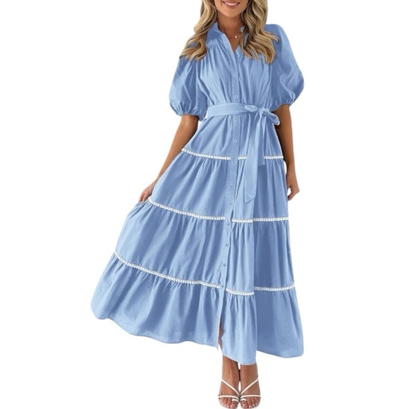 Pretty Garden Button Down Shirt Dress Short Puffy Sleeve Tiered Light Blue - Picture 8 of 8